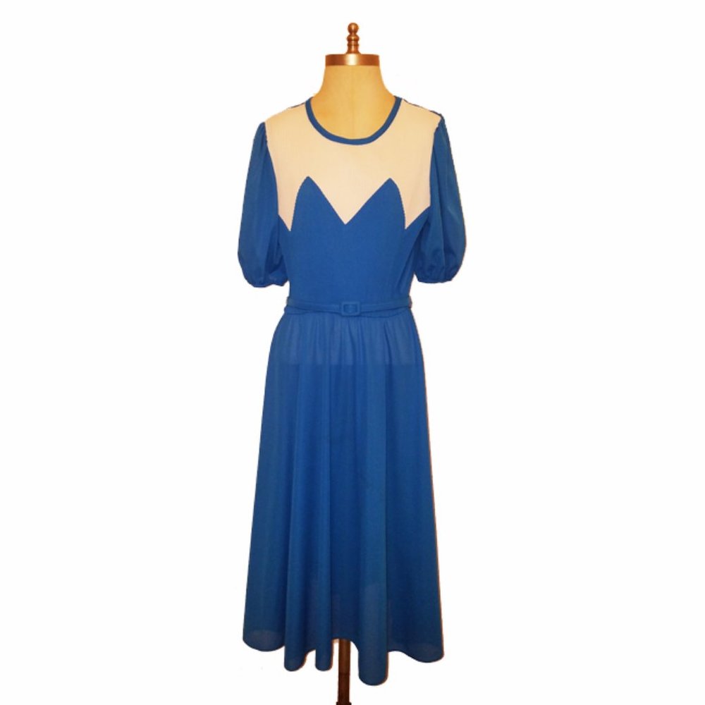 Vtg 70s Puff Sleeve Pleated Top Waist Tie Dress 16